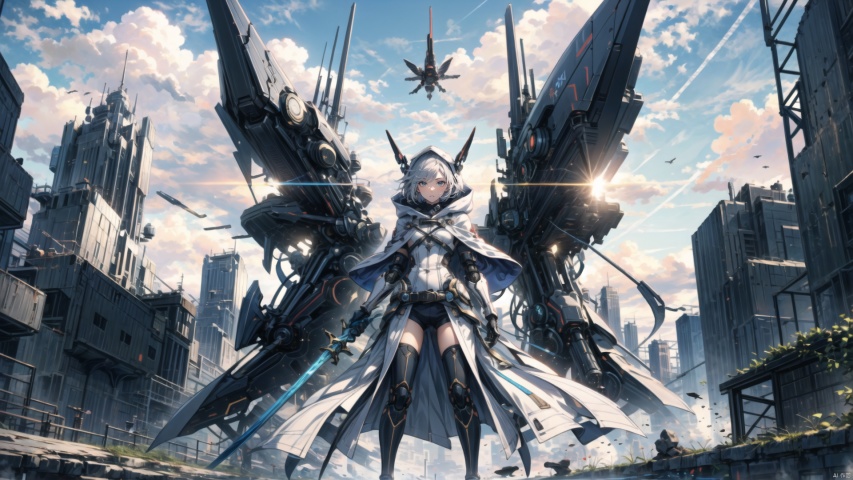  ((masterpiece:1.2)),(( best quality)), 1girl,  ,holding, sky, solo, hood up, , hood, outdoors, cloud, holding machinery sword, blue sky, white hair, short hair, ruins, building, standing, grey hair, day, from below, bodysuit, cape ,machinery, tianxie, ROBOTANIMESTYLE, robot girl,