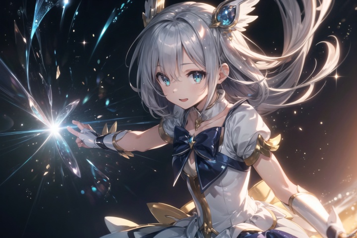 (Magical girl:1.3),smile,(ultra detailed perfect piece:1.2), illustration, masterpiece, (extremely detailed CG 8k), (very fine 8K CG),(silver hair:1.2), (long hair),green eyes,sparkling