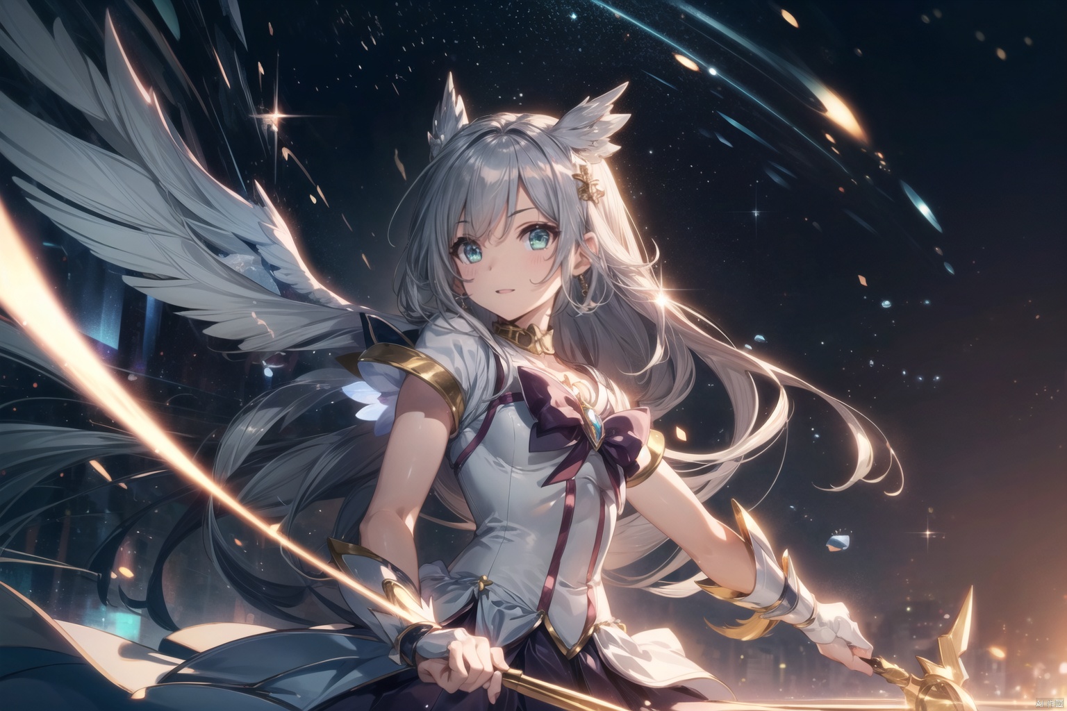 (Magical girl:1.3),smile,(ultra detailed perfect piece:1.2), illustration, masterpiece, (extremely detailed CG 8k), (very fine 8K CG),(silver long hair:1.2), (long hair),green eyes,sparkling,women