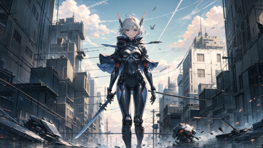  ((masterpiece:1.2)),(( best quality)), 1girl,  ,holding, sky, solo, hood up, , hood, outdoors, cloud, holding sword, blue sky, white hair, short hair, ruins, building, standing, grey hair, day, from below, bodysuit, cape ,machinery, tianxie, ROBOTANIMESTYLE, robot girl,