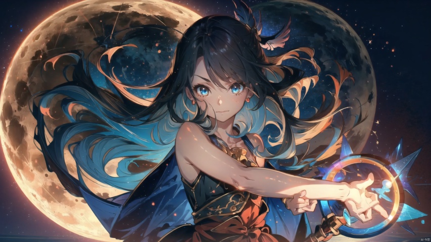  masterpiece, extremely detailed CG unity 8k wallpaper, best quality, high resolution illustration, Amazing, highres, intricate detail,  Fantasy World,(a little girl, cute girl), bare shoulders,closed mouth, 
long hair, blue hair, blue eyes, blue which hat, 
oversized white shirt, dark cape, wind magic, 
(Holding long sorcerer's staff), magic pose,
kawaiitech, kawaii, cute colors, Magic Circle, Magic MIX1, fansty world, SEGAE, segaev, As the moon, prisma illya,1girl