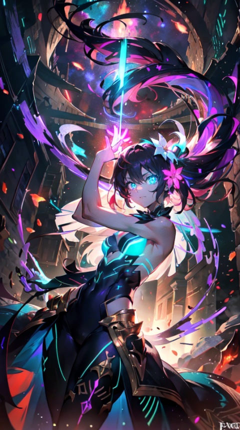  masterpiece, best quality, 1girl, solo, long hair, purple hair, long white dress,slender,fantasy,,floating hair, glowing,
teal eyes,(bloom effect), (glow), (glowing eyes), bare shoulders, (muscle), jewel like eyes, white and pure white, small breasts, (abs), teal hair, (glowing), (strong body), dress, body neon trim,smirk,fire,electric ,magic, purple with red theme,galaxy,powerful ,fazhen, r1ge, CLOUD