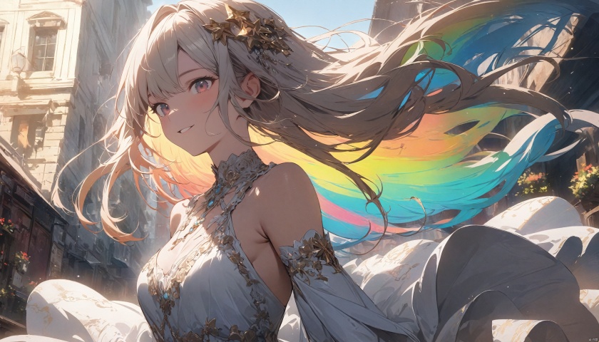  (masterpiece),(best quality:1.3),very aesthetic, absurdres, newest,(highres, best quality:1.2), radiance, soft contours, beautiful drawing, upper body, concept art, detailed background, bright colors,
1girl, (illustration), (perfect details, highest detailed, extreme detailed), dramatic light,  (white thighhighs, elbow gloves, hair ornament, star hair ornament, dress), rainbow hair, long hair), (street, sunlight, shy smile, floating hair, )