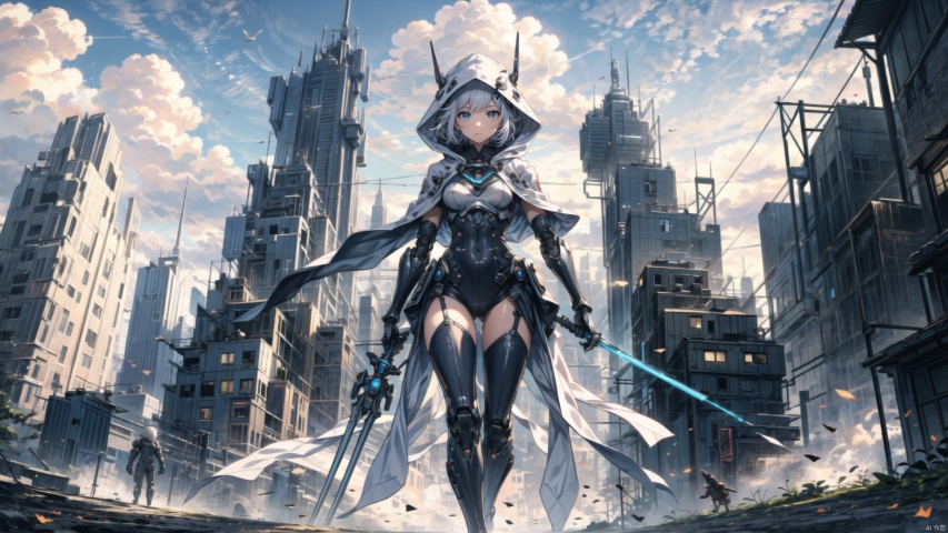  ((masterpiece:1.2)),(( best quality)), 1girl,  ,holding, sky, solo, hood up, , hood, outdoors, cloud, holding machinery sword, blue sky, white hair, short hair, ruins, building, standing, grey hair, day, from below, bodysuit, cape ,machinery, tianxie, ROBOTANIMESTYLE, robot girl,