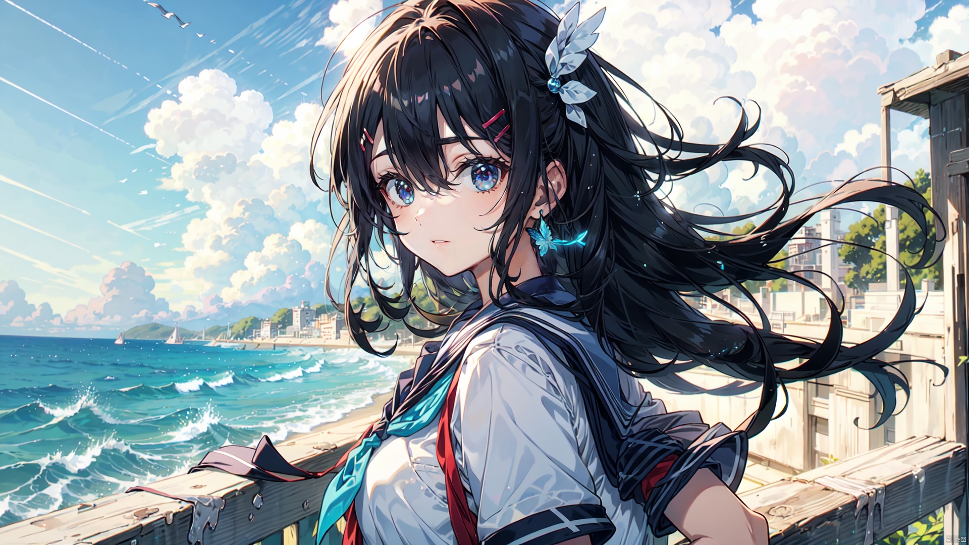 1girl, solo, long hair, breasts, looking at viewer, blush, smile, bangs, blue eyes, shirt, hair ornament, school uniform, white shirt, upper body, white hair, short sleeves, outdoors, sky, teeth, serafuku, day, cloud, sailor collar, grin, from side, blue sky, neckerchief, floating hair, white sailor collar, railing, blue neckerchief, cozy anime, segaev