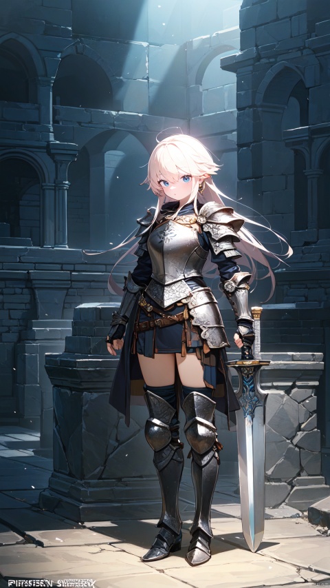  (Masterpiece:1.2), high quality,(pixiv:1.4),(fansty world), {fantasy theme, final fantasy style}, 1girl, solo, alone, knight, armor, weapon, long hair, gauntlets, sword, breastplate, standing, holding weapon,holding sword, planted, planted sword, bangs, plate armor,  hands on hilt, armored boots, faulds, light particles,sitting,  (full body:1.3), glowing, face_focus, ruins background, (masterpiece:1.2), best quality,game cg,fantasy, ultra detailed, illustration, 