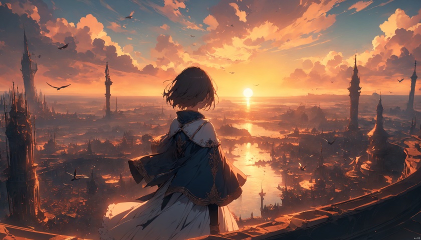 masterpiece,best quality,very aesthetic,ultra sharp,ultra details,intricate details,absurdres,1girl, cloud, scenery, sky, solo, outdoors, dress, horizon, fantasy, standing, tower, short hair, sun, from behind, cloudy sky, bird, capelet, sunrise, blue sky, sunset, facing away, cityscape, city