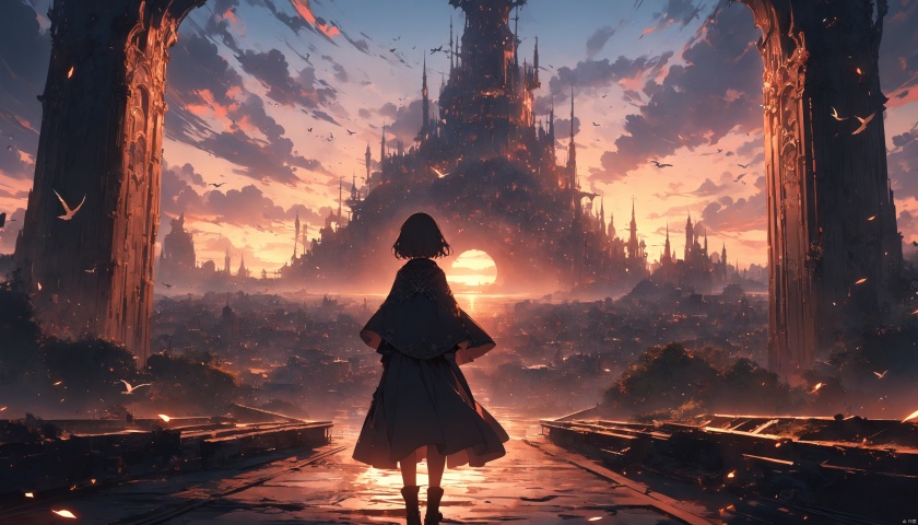 masterpiece,best quality,very aesthetic,ultra sharp,ultra details,intricate details,absurdres,1girl, cloud, scenery, sky, solo, outdoors, dress, horizon, fantasy, standing, tower, short hair, sunset, from behind, cloudy sky, bird, capelet, sunrise, blue sky, sunset, facing away, cityscape, city