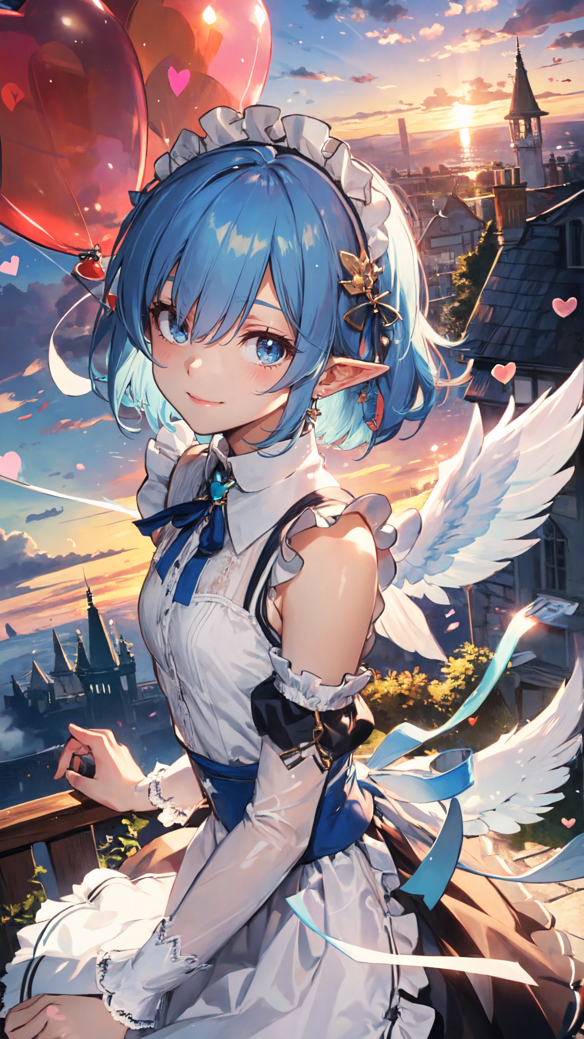  masterpiece, best quality, 1girl, 30 years old,solo, small breasts, looking at viewer,(fantasy) ,smile, elf ears,short hair, blue eyes,(sunset:1.1), hair ornament, ribbon, blue hair, hair ribbon, detached sleeves, angel wings with wind effect, hair over one eye, barefoot,cloud,maid, maid headdress, parody, hearts balloon,sky castle, roswaal mansion maid uniform, sky,cloud, segaev, landing, lora_eyes10, , jellyfishforest