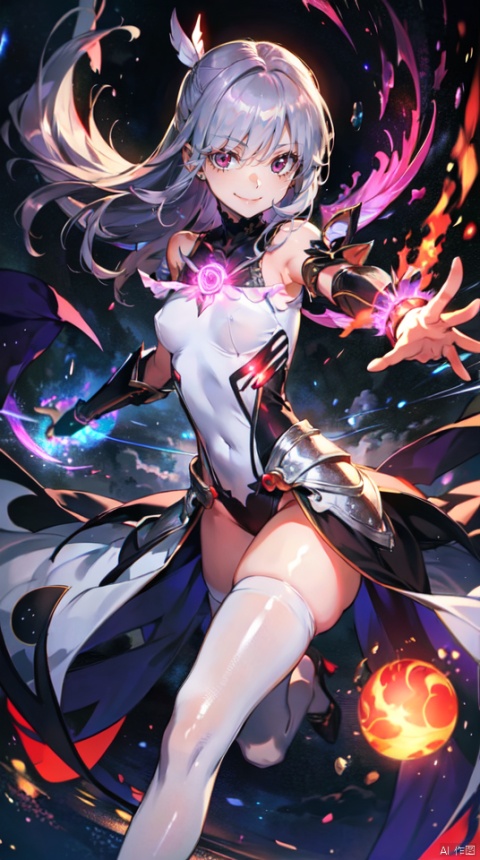  masterpiece, best quality, 1girl, solo, long hair, purple hair, slender,floating hair ,(extremely delicate eyes:1.3),mage, detailed light silver shiny armour,bare shoulders,white tight bodysuit , breasts, (perfect body),attacking dynamic mage poses,perfect hand,hand are holding a fire orb,fire,electric ,magic, purple with red theme,full body,galaxy,powerful ,fazhen, r1ge, CLOUD, Lora_hands_v1, prisma illya,1girl,solo,looking at viewe