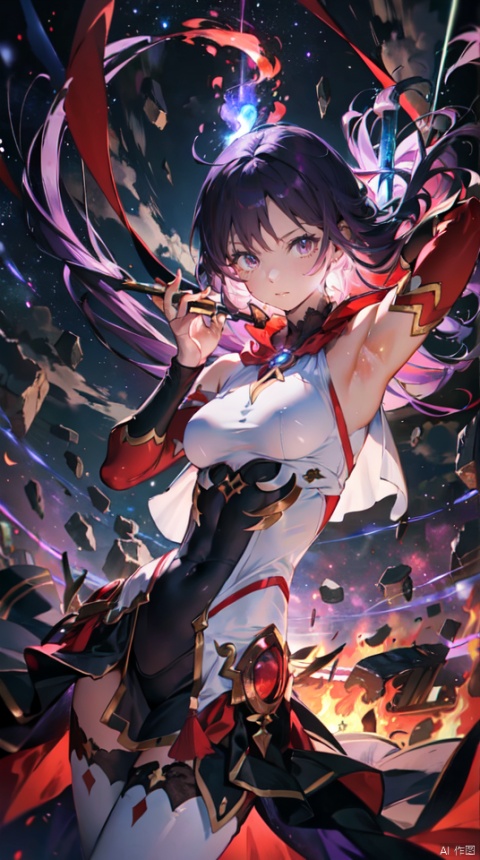  masterpiece, best quality, 1girl, solo, long hair, purple hair, slender,floating hair, mage ,bare shoulders,white dress,white bodysuit , (muscle), breasts, (strong body),attacking, fire,electric ,magic, purple with red theme,galaxy,powerful ,fazhen, r1ge, CLOUD, Lora_hands_v1