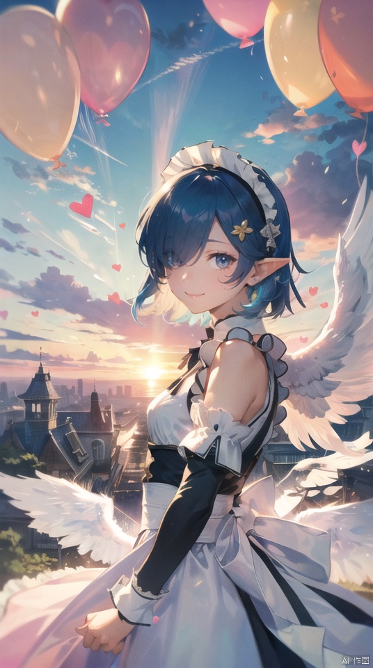  masterpiece, best quality, 1girl, 30 years old,solo, small breasts, looking at viewer,(fantasy) ,smile, elf ears,short hair, blue eyes,(sunset:1.1), upper body,hair ornament, ribbon, blue hair, hair ribbon, detached sleeves, angel wings with wind effect, hair over one eye, barefoot,cloud,maid, maid headdress, parody, hearts balloon,sky castle, roswaal mansion maid uniform,  sky,cloud, segaev, landing, lora_eyes10, , jellyfishforest