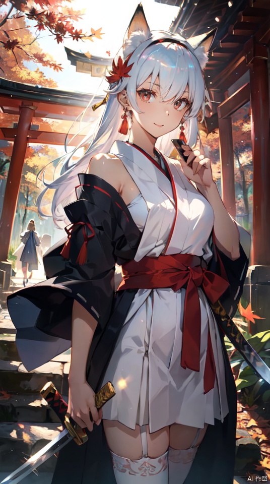 masterpiece, best quality, intricate details, 1girl, upper body,solo, slender, tall,long hair, looking at viewer,  white hair, very long hair, outdoors, serafuku, hair ornament, thighhighs, bare shoulders, jewelry, hairband, earrings, detached sleeves, japanese clothes,wide sleeves, white thighhighs, red skirt, obi, sandals,, tassel, hakama, nontraditional miko, hip vent,sword, red eyes, tree, leaf, katana, realistic, autumn leaves, torii, autumn,fox ears, iridescent light,(glow light:1.1)
, taoist, backlight, segaev, Lora_hands_v1