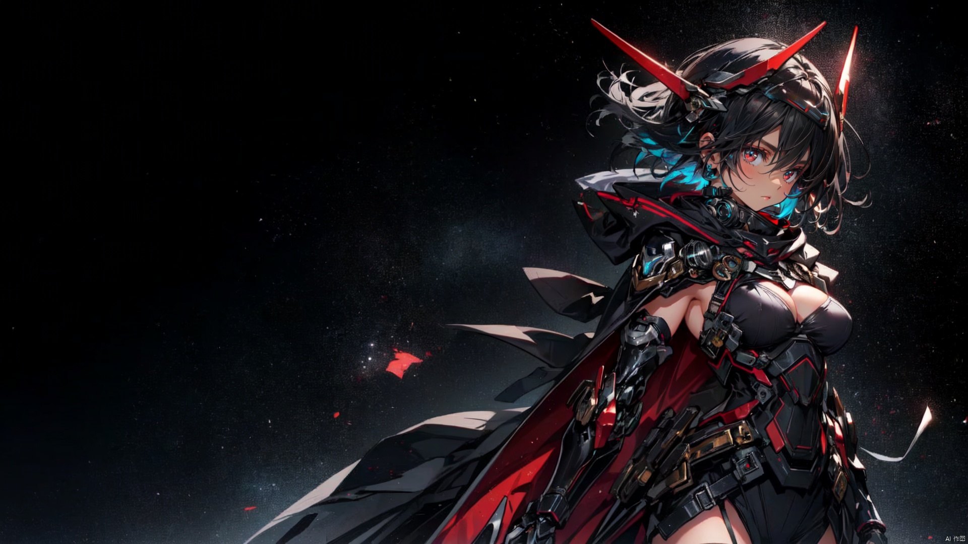  ((masterpiece:1.2)),(( best quality)), (female): solo, (perfect face), 1girl, weapon, black hair, solo, holding, red eyes, sword, holding weapon, breasts, holding sword, thighhighs, gloves, short hair, looking at viewer, white thighhighs, headgear, multicolored hair, closed mouth, black gloves, streaked hair, elbow gloves, large breasts, hair between eyes, dress, mecha musume, black background, hood, cape