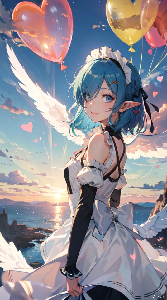  masterpiece, best quality, 1girl, 30 years old,solo, small breasts, looking at viewer,(fantasy) ,smile, elf ears,short hair, blue eyes,(sunset:1.1), hair ornament, ribbon, blue hair, hair ribbon, detached sleeves, angel wings with wind effect, hair over one eye, barefoot,cloud,maid, maid headdress, parody, hearts balloon,sky castle, roswaal mansion maid uniform,  sky,cloud, segaev, landing, lora_eyes10, , jellyfishforest