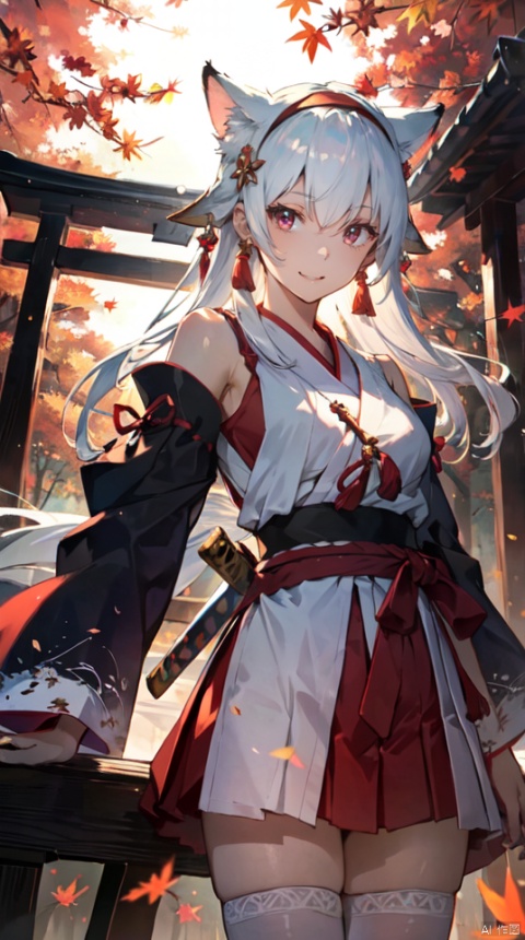 masterpiece, best quality, intricate details, 1girl, upper body,solo, slender, tall,long hair, looking at viewer,  white hair, very long hair, outdoors, serafuku, hair ornament, thighhighs, bare shoulders, jewelry, hairband, earrings, detached sleeves, japanese clothes,wide sleeves, white thighhighs, red skirt, obi, sandals,, tassel, hakama, nontraditional miko, hip vent,sword, red eyes, tree, leaf, katana, realistic, autumn leaves, torii, autumn,fox ears, iridescent light,(glow light:1.1)
, taoist, backlight, segaev, Lora_hands_v1