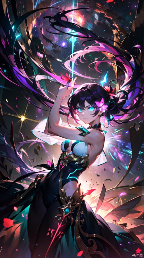  masterpiece, best quality, 1girl, solo, long hair, purple hair, long white dress,slender,fantasy,,floating hair, glowing,
teal eyes,(bloom effect), (glow), (glowing eyes), bare shoulders, (muscle), jewel like eyes, white and pure white, small breasts, (abs), teal hair, (glowing), (strong body), dress, body neon trim,smirk,fire,electric ,magic, purple with red theme,galaxy,powerful ,fazhen, r1ge, CLOUD