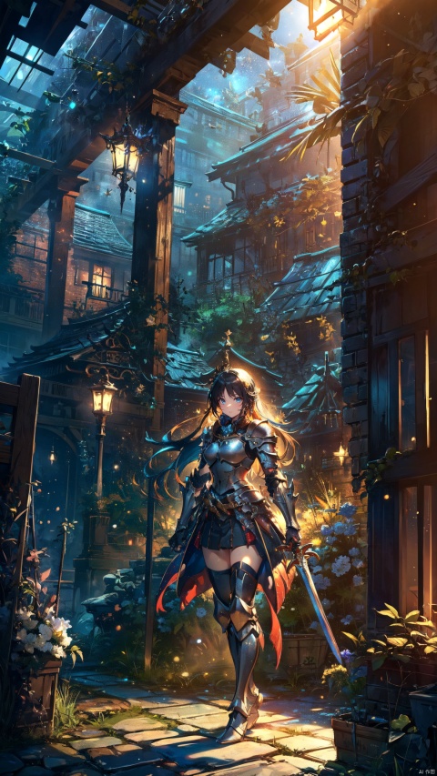  (Masterpiece:1.2), high quality,(pixiv:1.4),(fansty world), {fantasy theme, final fantasy style}, 1girl, solo, alone, knight, armor, weapon, long hair, gauntlets, sword, breastplate, standing, holding weapon,holding sword, planted, planted sword, bangs, plate armor,  hands on hilt, armored boots, faulds, light particles,sitting,  (full body:1.3), glowing, face_focus, ruins background, (masterpiece:1.2), best quality,game cg,fantasy, ultra detailed, illustration, 