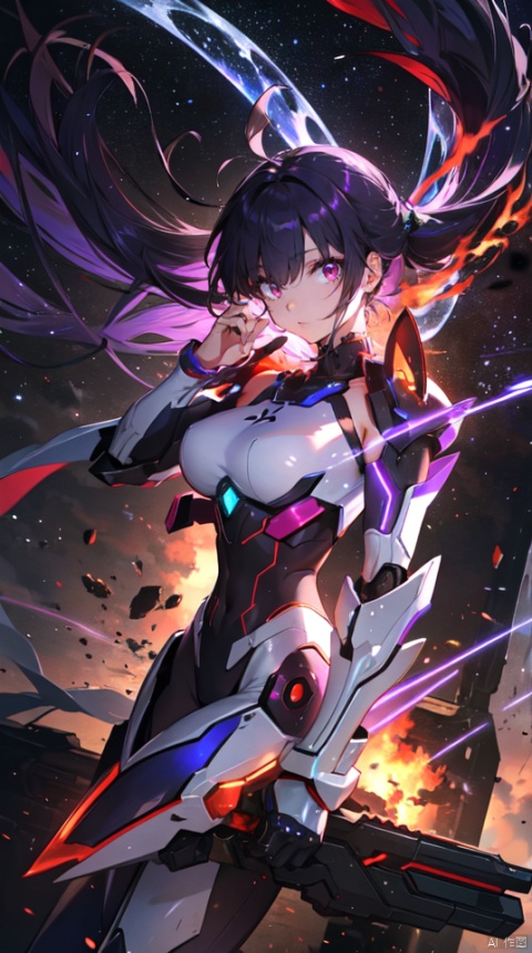  masterpiece, best quality, 1girl, solo, long hair, purple hair, slender,floating hair ,(extremely delicate eyes:1.3),futuristic armour, (extremely detailed mecha shiny armour),bare shoulders,white tight bodysuit , breasts, (perfect body),attacking, fire,electric ,magic, purple with red theme,galaxy,powerful ,fazhen, r1ge, CLOUD, Lora_hands_v1