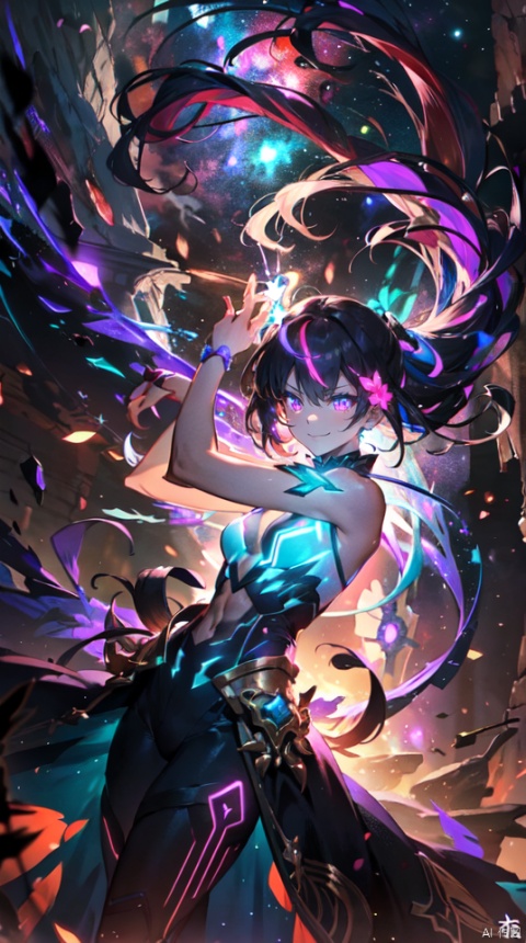  masterpiece, best quality, 1girl, solo, long hair, purple hair, slender,fantasy,,floating hair, glowing,
teal eyes,(bloom effect), (glow), bare shoulders, (muscle), white and pure white, small breasts, (abs), teal hair, (glowing), (strong body), dress, body neon trim,smirk,fire,electric ,magic, purple with red theme,galaxy,powerful ,fazhen, r1ge, CLOUD