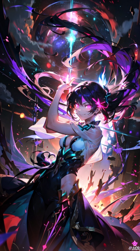  masterpiece, best quality, 1girl, solo, long hair, purple hair, long white dress,slender,fantasy,,floating hair, glowing,
teal eyes,(bloom effect), (glow), (glowing eyes), bare shoulders, (muscle), jewel like eyes, white and pure white, small breasts, (abs), teal hair, (glowing), (strong body), dress, body neon trim,smirk,fire,electric ,magic, purple with red theme,galaxy,powerful ,fazhen, r1ge, CLOUD