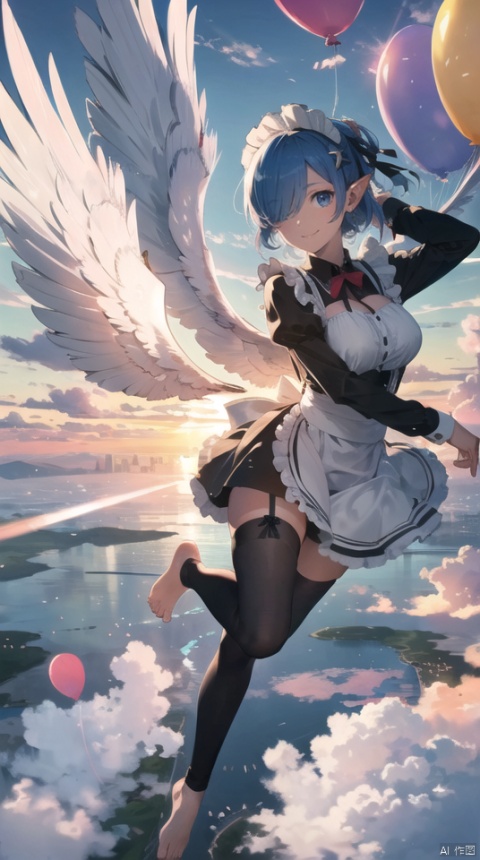  masterpiece, best quality, 1girl, 30 years old,solo,breasts, looking at viewer,(fantasy) ,smile, elf ears,short hair, blue eyes,(sunset:1.1), hair ornament, ribbon, blue hair, hair ribbon, angel wings with wind effect, hair over one eye, barefoot,cloud,maid, parody, hearts balloon,sky castle, roswaal mansion maid uniform,  sky,cloud, segaev, landing, lora_eyes10, , jellyfishforest, See through maid