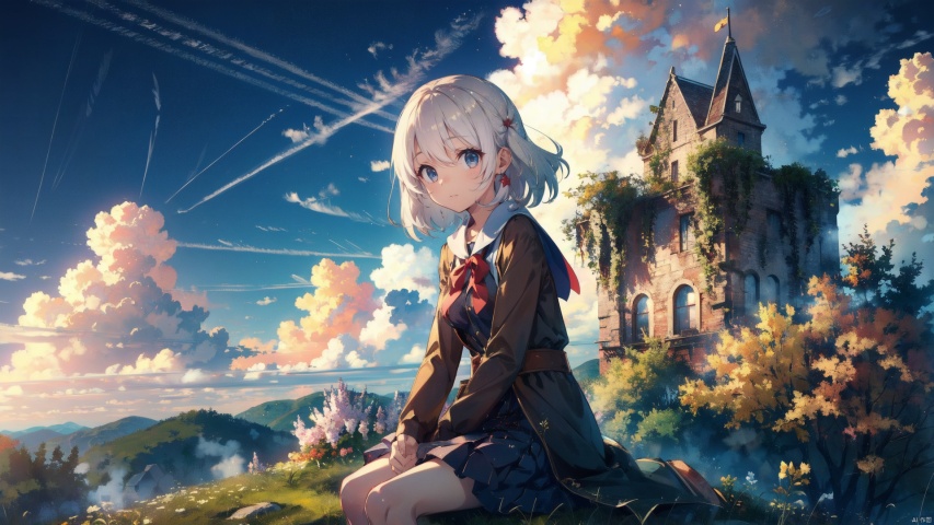 (Masterpiece:1.2), high quality,(pixiv:1.4),(fansty world),1girl,cute,kawaii,solo, looking at viewer, jewelry, blue eyes, short hair, earrings, white hair, bangs, small breasts, the girl is sitting on top of a castle building overlooking the view and some sky,  scenery, sky, outdoors, cloud, v, blue sky,  day, building, cat,((poakl)),prismaillya