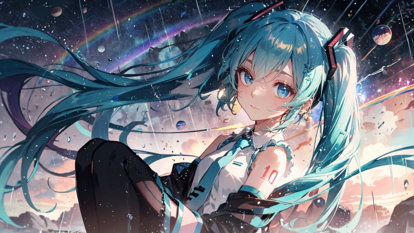  masterpiece, best quality,1girl, hatsune miku,Parallel time and space,fantasy,rainbow,( raining1.1), colourful, gradient, lighting and shadows, busy, segaev, mikudef, jinzya, lora_eyes10,