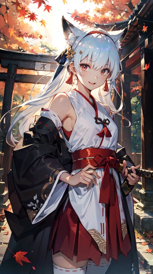 masterpiece, best quality, intricate details, 1girl, upper body,solo, slender, tall,long hair, looking at viewer,  white hair, very long hair, outdoors, serafuku, hair ornament, thighhighs, bare shoulders, jewelry, hairband, earrings, detached sleeves, japanese clothes,wide sleeves, white thighhighs, red skirt, obi, sandals,, tassel, hakama, nontraditional miko, hip vent,sword, red eyes, tree, leaf, katana, realistic, autumn leaves, torii, autumn,fox ears, iridescent light,(glow light:1.1)
, taoist, backlight, segaev, Lora_hands_v1, lora_eyes10