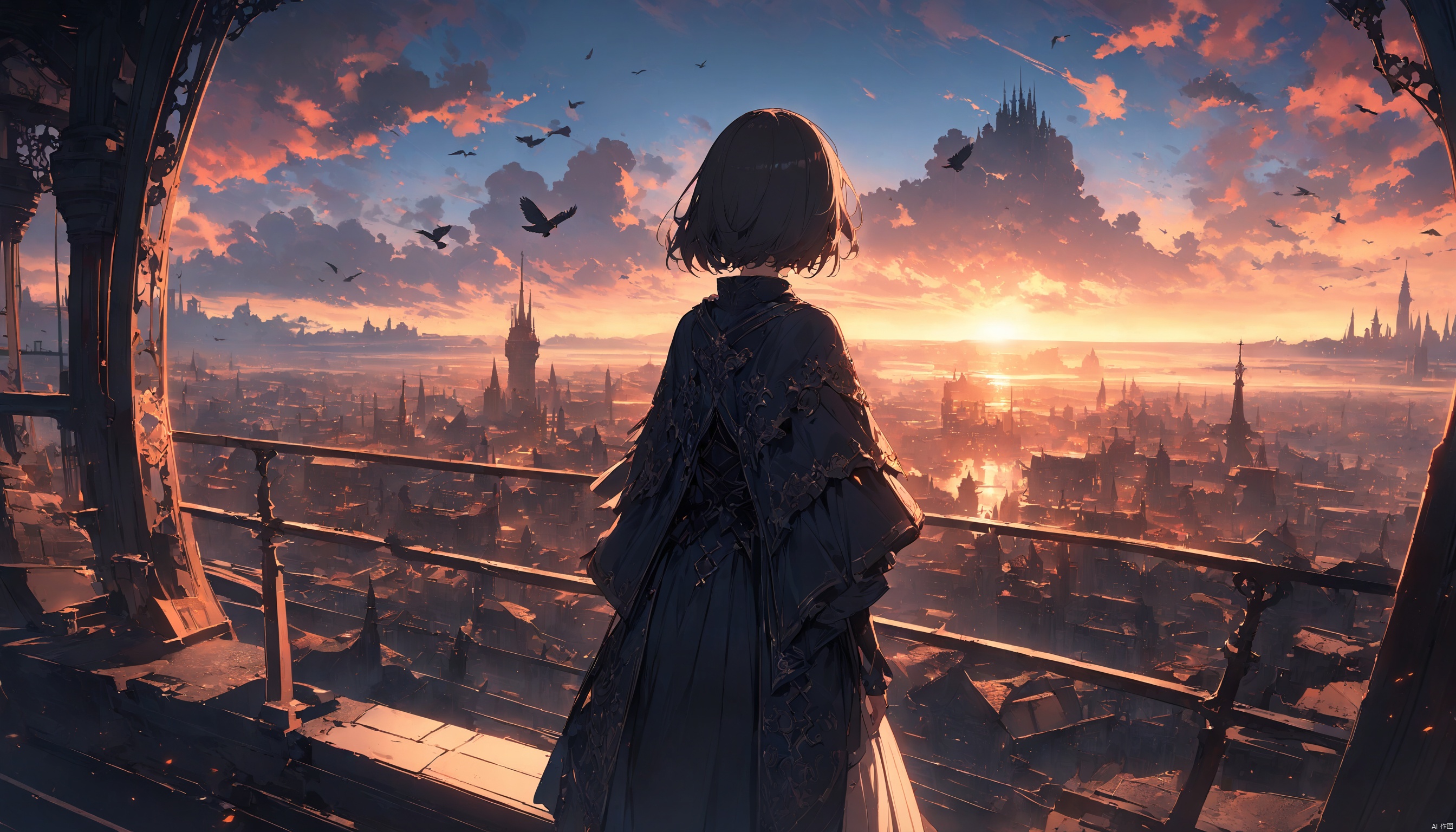 masterpiece,best quality,very aesthetic,ultra sharp,ultra details,intricate details,absurdres,1girl, cloud, scenery, sky, solo, outdoors, dress, horizon, fantasy, standing, tower, short hair, sunset, from behind, cloudy sky, bird, capelet, sunrise, blue sky, sunset, facing away, cityscape, city