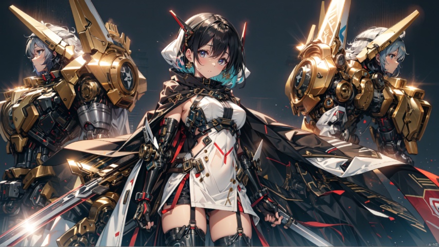  ((masterpiece:1.2)),(( best quality)), (female): solo, (perfect face), 1girl, weapon, black hair, solo, holding, red eyes, sword, holding weapon, breasts, holding sword, thighhighs, gloves, short hair, looking at viewer, white thighhighs, headgear, multicolored hair, closed mouth, black gloves, streaked hair, elbow gloves, large breasts, hair between eyes, dress, mecha musume, black background, hood, cape