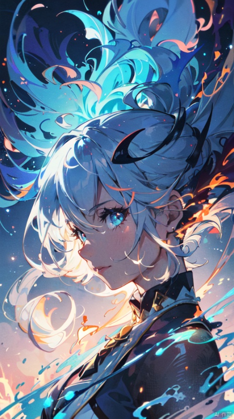  masterpiece, best quality, 1girl, a stunning anime wallpaper featuring the face of an enigmatic character with glowing eyes, long hair,surrounded by swirling flames and ethereal energy waves. Focus on materials that evoke warmth or luxury, such as silk or velvet. Vector illustration in the style of anime, with a dark blue background color, segaev, r1ge