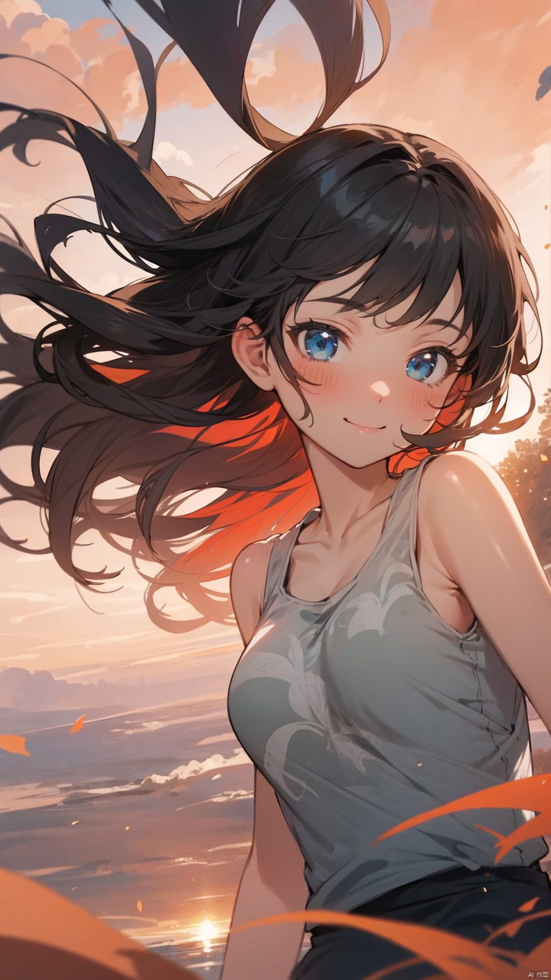 masterpiece, best quality , 1girl, Fantasy world, cute patterned white **** top ,strong wind, sunset, travel, Light in the face, windy, strong sunset,smile, kawaii, (dynamic angle),blue eyes, Lora_hands_v1