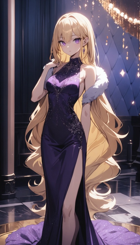  (masterpiece), best quality, very aesthetic, absurdres, (cinematic style),1 girl, fantasy,skinny body, pastel color, blonde hair, extra long hair, curvy hair, perfect face, purple eyes, detailed eyes, deep purple long turtleneck dress, glitter dress, lace cape, gems, pearls embroidery, elegance gala, luxury interior, shine, (fur shawl),succubus,