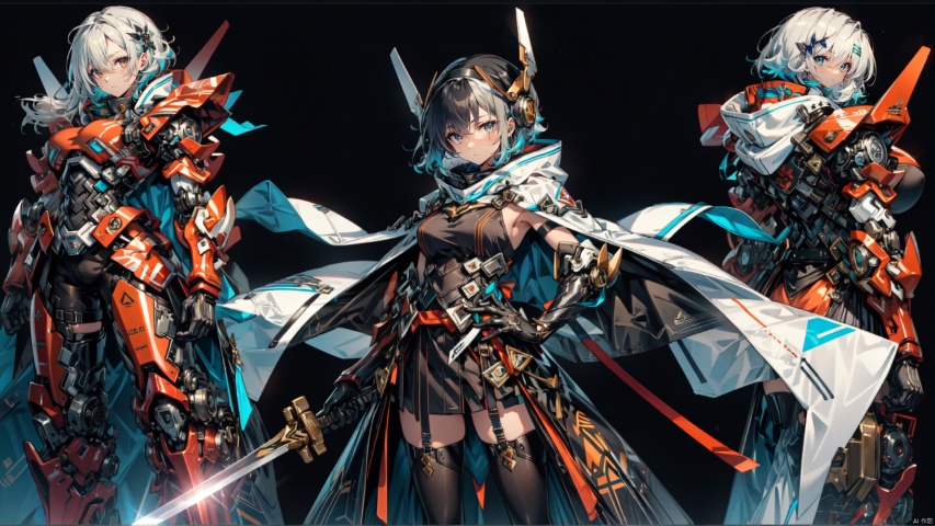  ((masterpiece:1.2)),(( best quality)), (female): solo, (perfect face), 1girl, weapon, black hair, solo, holding, red eyes, sword, holding weapon, breasts, holding sword, thighhighs, gloves, short hair, looking at viewer, white thighhighs, headgear, multicolored hair, closed mouth, black gloves, streaked hair, elbow gloves, large breasts, hair between eyes, dress, mecha musume, black background, hood, cape