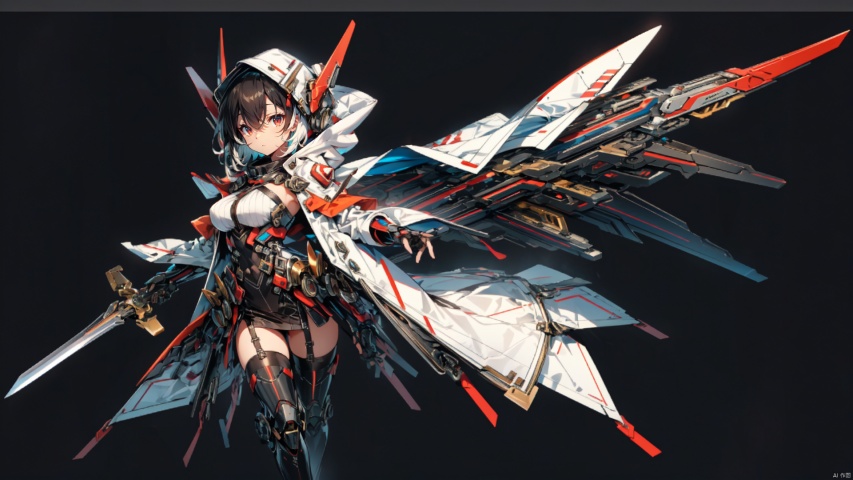  ((masterpiece:1.2)),(( best quality)), (female): solo, (perfect face), 1girl, weapon, black hair, solo, holding, red eyes, sword, holding weapon, breasts, holding sword, thighhighs, gloves, short hair, looking at viewer, white thighhighs, headgear, multicolored hair, closed mouth, black gloves, streaked hair, elbow gloves, large breasts, hair between eyes, dress, mecha musume, black background, hood, cape, machinery