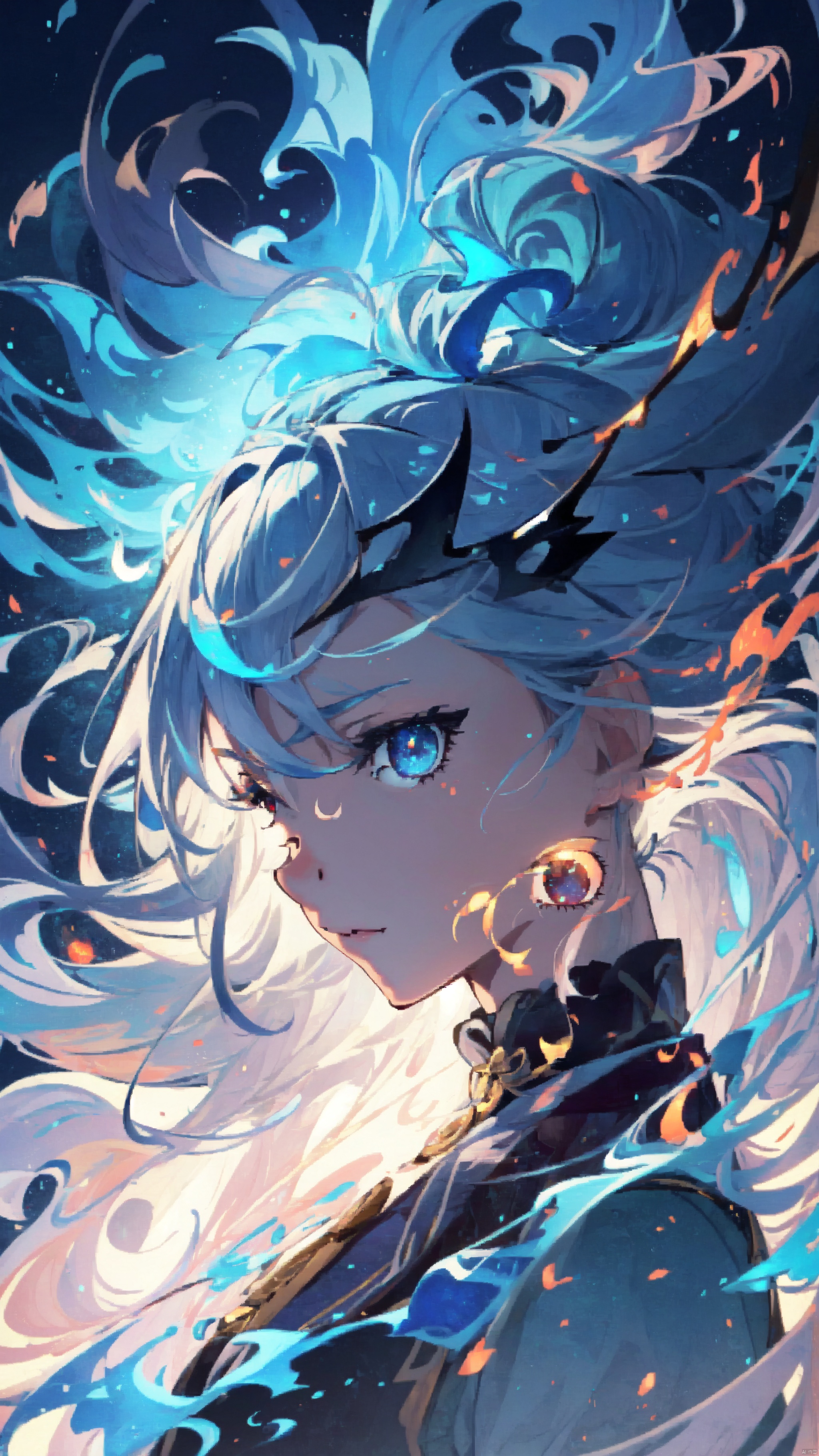  masterpiece, best quality, 1girl, a stunning anime wallpaper featuring the face of an enigmatic character with glowing eyes, long hair,surrounded by swirling flames and ethereal energy waves. Focus on materials that evoke warmth or luxury, such as silk or velvet. Vector illustration in the style of anime, with a dark blue background color, segaev, r1ge, taoist