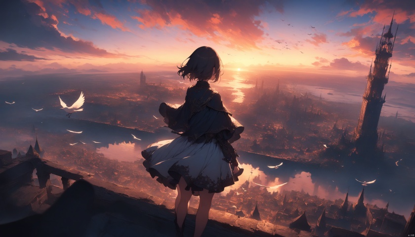 masterpiece,best quality,very aesthetic,ultra sharp,ultra details,intricate details,absurdres,1girl, cloud, scenery, sky, solo, outdoors, dress, horizon, fantasy, standing, tower, short hair, sun, from behind, cloudy sky, bird, capelet, sunrise, blue sky, sunset, facing away, cityscape, city