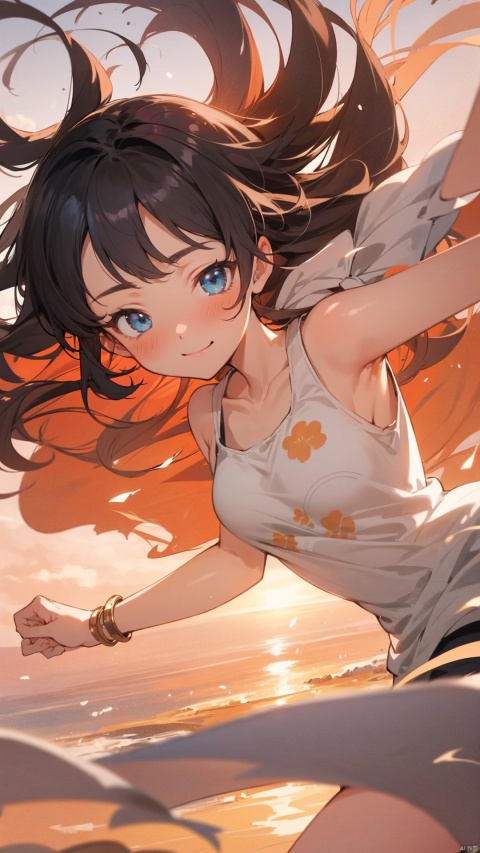 masterpiece, best quality , 1girl, Fantasy world, cute patterned white tank top ,strong wind, sunset, travel, Light in the face, windy, strong sunset,smile, kawaii, (dynamic angle),blue eyes, Lora_hands_v1