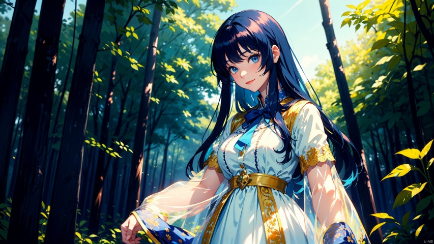 (Masterpiece:1.2), high quality,(pixiv:1.4)forest Girl(long blue hair), age18, blue eyes, daily life of aristocrats, smile(emperor dress ,white, blue, gold embroidery, material: lace and organdy), Beautiful and fantastic image, blue hair, long hair