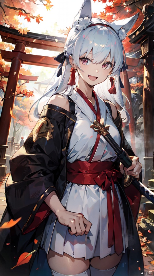 masterpiece, best quality, intricate details, 1girl, upper body,solo, slender, tall,long hair, looking at viewer,  white hair, very long hair, outdoors, serafuku, hair ornament, thighhighs, bare shoulders, jewelry, hairband, earrings, detached sleeves, japanese clothes,wide sleeves, white thighhighs, red skirt, obi, sandals,, tassel, hakama, nontraditional miko, hip vent,sword, red eyes, tree, leaf, katana, realistic, autumn leaves, torii, autumn,fox ears, iridescent light,(glow light:1.1)
, taoist, backlight, segaev, Lora_hands_v1, lora_eyes10