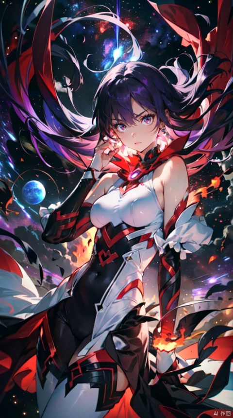  masterpiece, best quality, 1girl, solo, long hair, purple hair, slender,floating hair, mage ,bare shoulders,white dress,white bodysuit , breasts, (perfect hand),attacking, fire,electric ,magic, purple with red theme,galaxy,powerful ,fazhen, r1ge, CLOUD, Lora_hands_v1