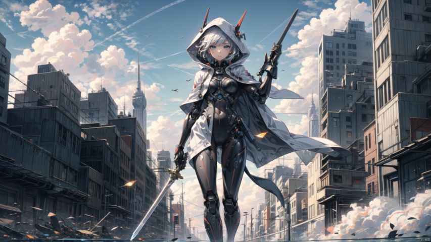  ((masterpiece:1.2)),(( best quality)), 1girl,  ,holding, sky, solo, hood up, , hood, outdoors, cloud, holding sword, blue sky, white hair, short hair, ruins, building, standing, grey hair, day, from below, bodysuit, cape ,machinery, tianxie, ROBOTANIMESTYLE, robot girl,