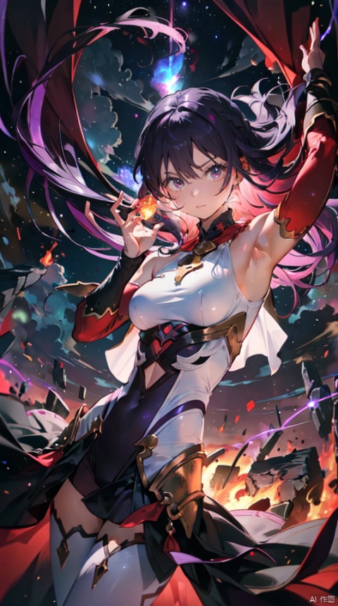  masterpiece, best quality, 1girl, solo, long hair, purple hair, slender,floating hair, mage ,bare shoulders,white dress,white bodysuit , (muscle), breasts, (strong body),attacking, fire,electric ,magic, purple with red theme,galaxy,powerful ,fazhen, r1ge, CLOUD, Lora_hands_v1