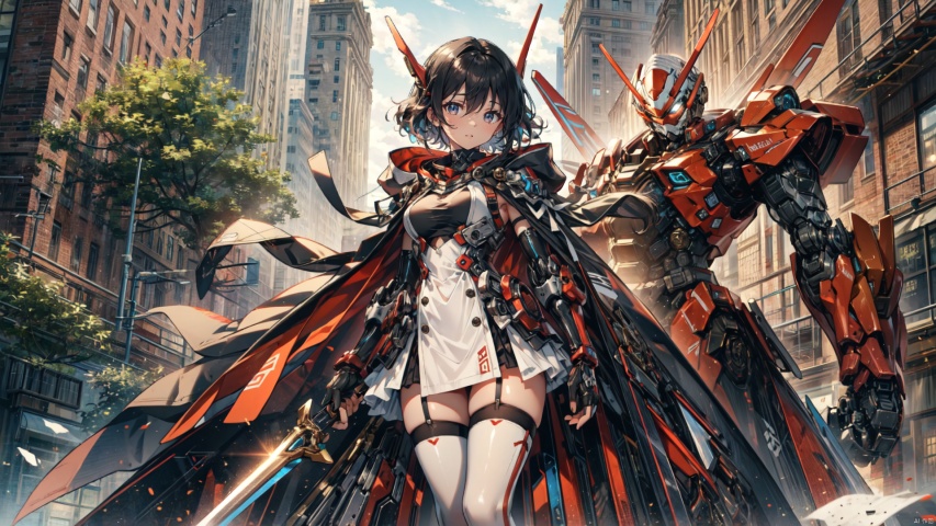  ((masterpiece:1.2)),(( best quality)), 1girl, weapon, black hair, solo, red eyes, sword,  breasts, holding sword, thighhighs, gloves, short hair, looking at viewer, white thighhighs, headgear, multicolored hair, closed mouth, black gloves, streaked hair, elbow gloves,breasts, hair between eyes, dress, mecha musume, hood, cape, machinery