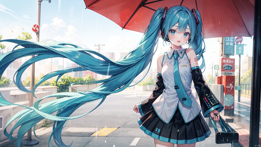  masterpiece, best quality,1girl, hatsune miku,outdoor,city,fantasy,rainbow, raining, colourful, gradient, lighting and shadows, hand holding umbrella, segaev, mikudef, jinzya, lora_eyes10, 