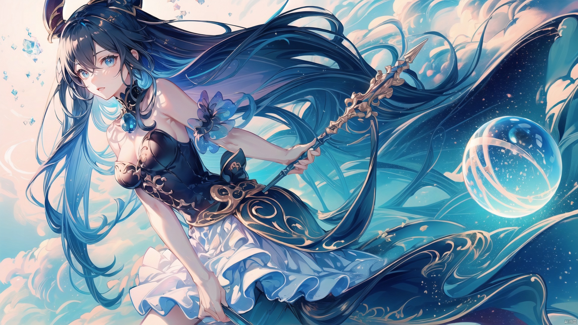  (((masterpiece))), ((extremely detailed CG unity 8k wallpaper)), best quality, high resolution illustration, Amazing, highres, intricate detail, (best illumination, best shadow, an extremely delicate and beautiful), Fantasy World,a little girl, cute girl, bare shoulders,closed mouth, 
long hair, blue hair, blue eyes, blue which hat, 
oversized white shirt, dark cape, wind magic, 
(long sorcerer's staff, holding a wand with a blue crystal orb at the tip in one hand:1.2), magic pose,
kawaiitech, kawaii, cute colors, Magic Circle, Magic MIX1, fansty world