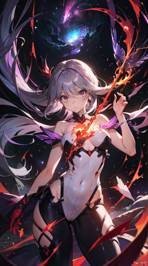  masterpiece, best quality, 1girl, solo, long hair, purple hair, slender,floating hair ,(extremely delicate eyes:1.3),mage, detailed light silver shiny armour,bare shoulders,white tight bodysuit , breasts, (perfect body),attacking, fire,electric ,magic, purple with red theme,galaxy,powerful ,fazhen, r1ge, CLOUD, Lora_hands_v1, prisma illya