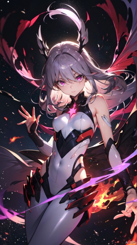  masterpiece, best quality, 1girl, solo, long hair, purple hair, slender,floating hair ,(extremely delicate eyes:1.3),mage, detailed light silver shiny armour,bare shoulders,white tight bodysuit , breasts, (perfect body),attacking pose,fire,electric ,magic, purple with red theme,galaxy,powerful ,fazhen, r1ge, CLOUD, Lora_hands_v1, prisma illya