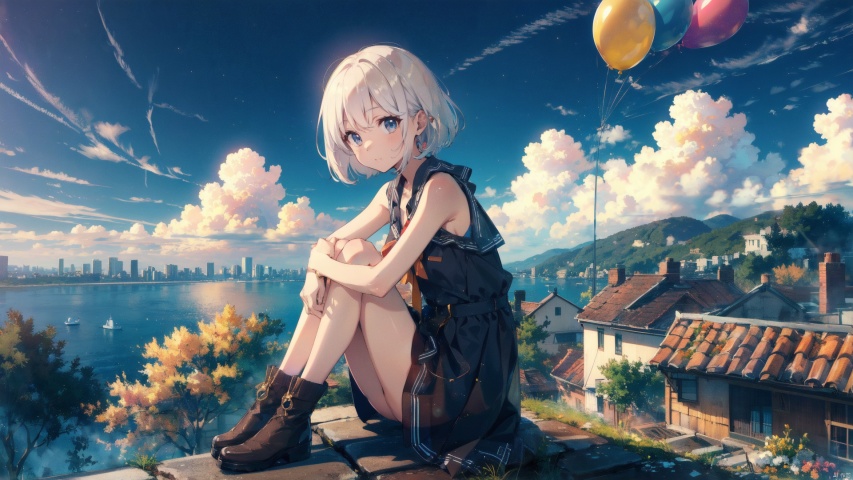 (Masterpiece:1.2), high quality,(pixiv:1.4),fansty world,1girl,cute,kawaii,solo,looking at viewe, looking at viewer, jewelry, blue eyes, short hair, earrings, white hair, bangs, small breasts, the girl is sitting on top of a building overlooking the view and some sky, balloon,  scenery, sky, outdoors, cloud, v, boots, blue sky,  day, building, cat,((poakl)),